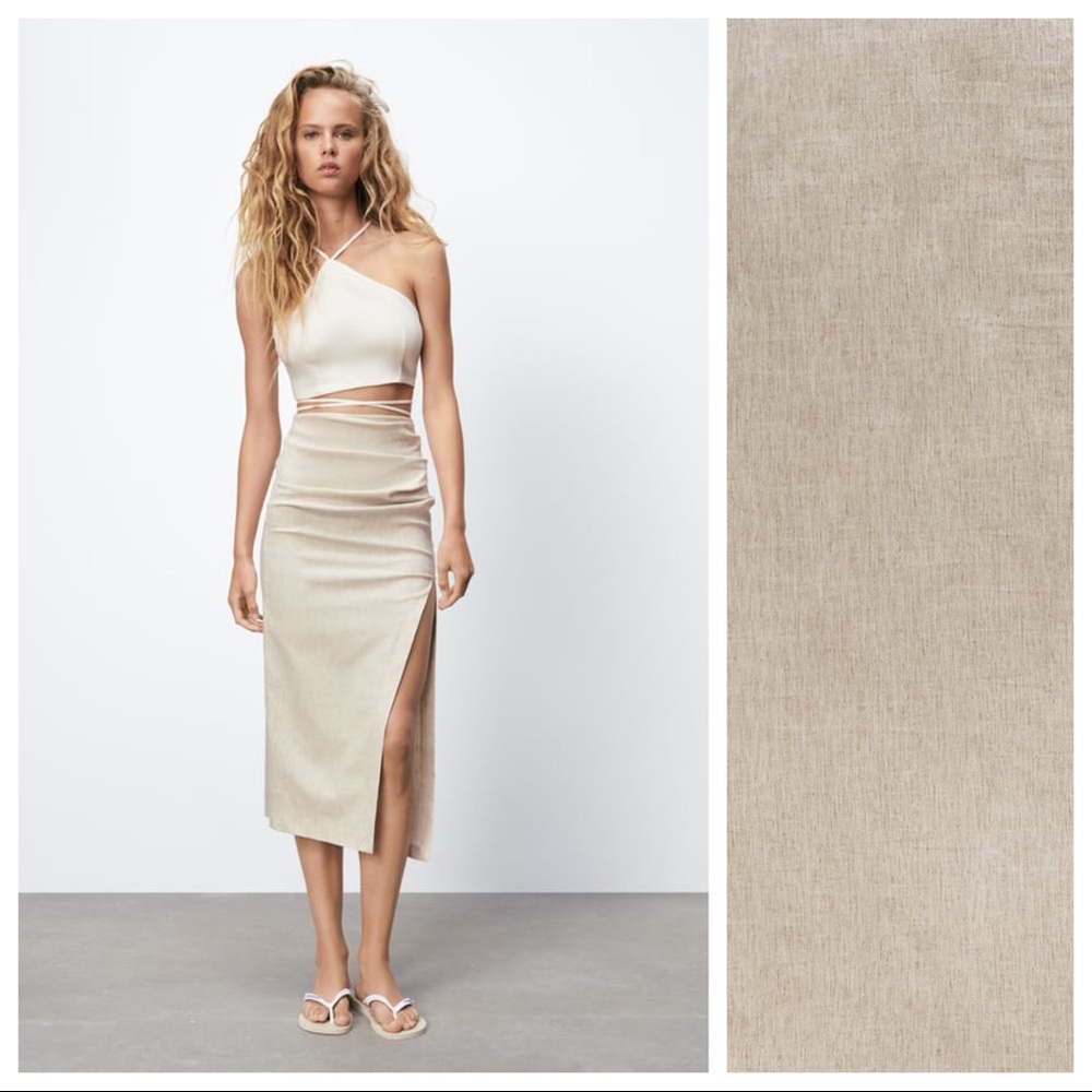 NWT. Zara Beige Linen High-waist Midi Skirt. Size M.